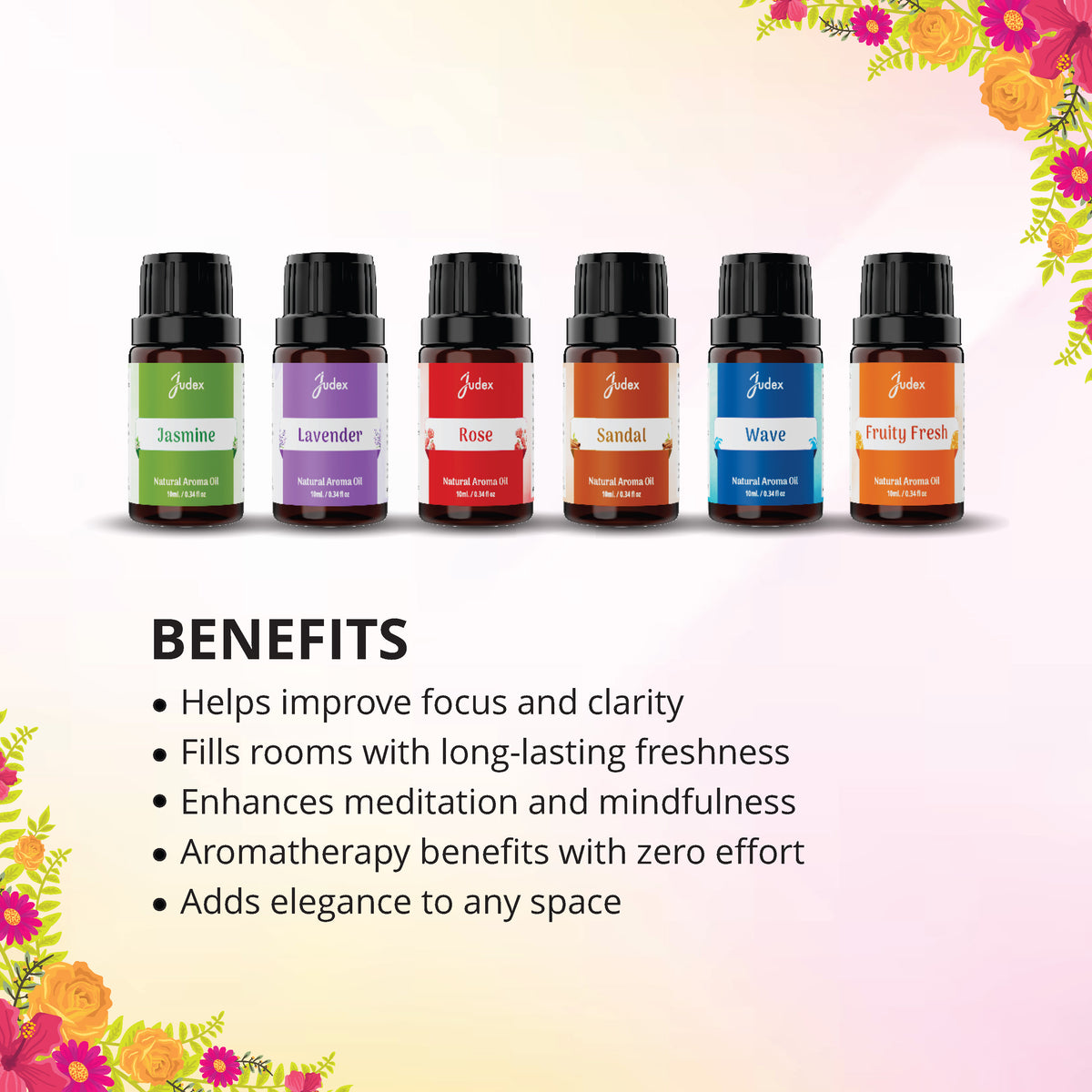Aroma Diffuser Oil Set – 6 Premium Natural Fragrances (Jasmine, Lavender, Rose, Sandal, Wave, Fruity Fresh)