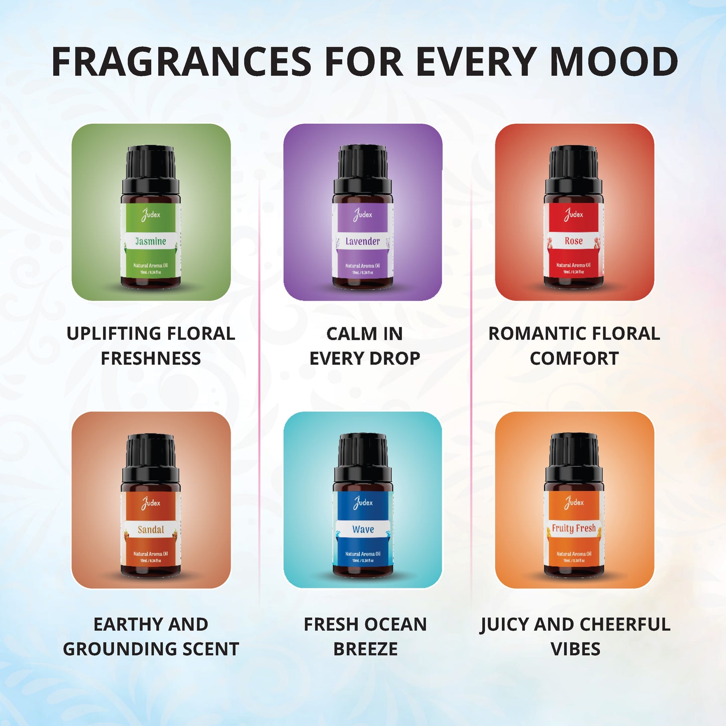 Aroma Diffuser Oil Set – 6 Natural Fragrance Oils (Jasmine, Lavender, Rose, Sandal, Wave, Fruity Fresh)