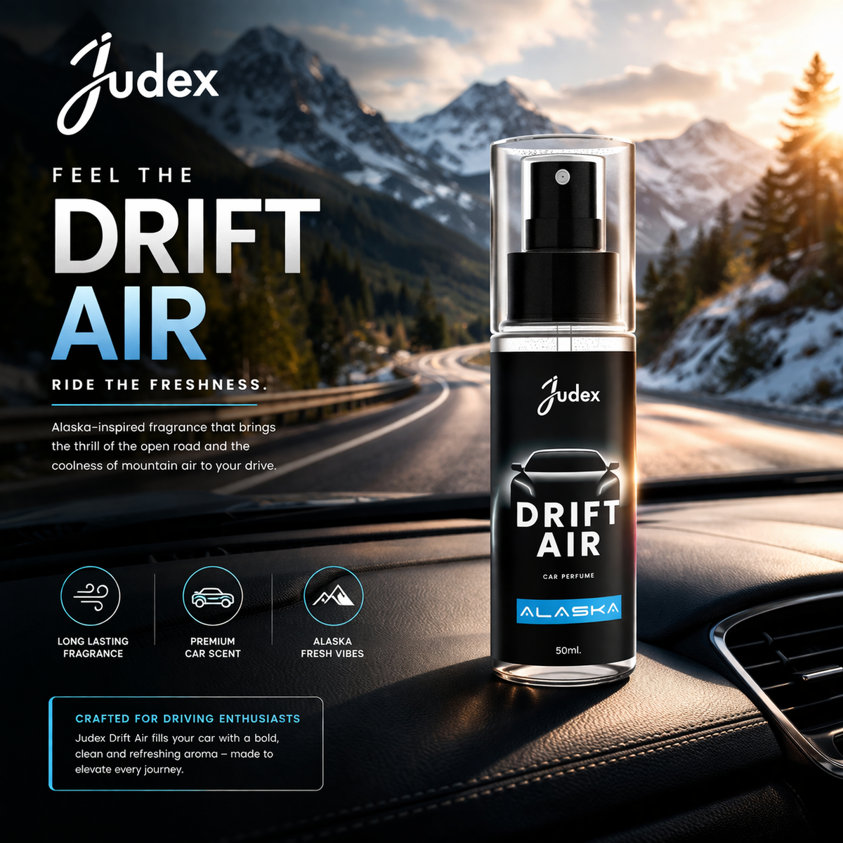 Judex Drift Air Car Perfume Combo Pack of 4 – Alaska, Oud, Mountain & Splash | Long-Lasting Car Air Freshener Spray | 50ml Each